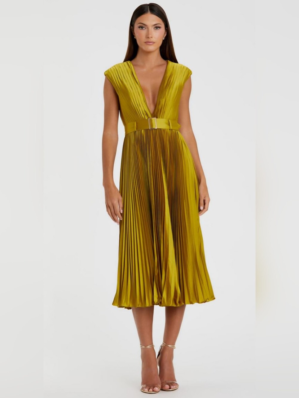 Ieena For Mac Duggal 26483 Chartreuse Yellow Pleated V-Neck Midi Dress Size 8